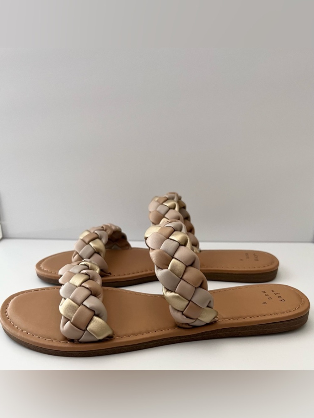 a new day Braided Double-Strap Slide Sandals in Beige and Gold